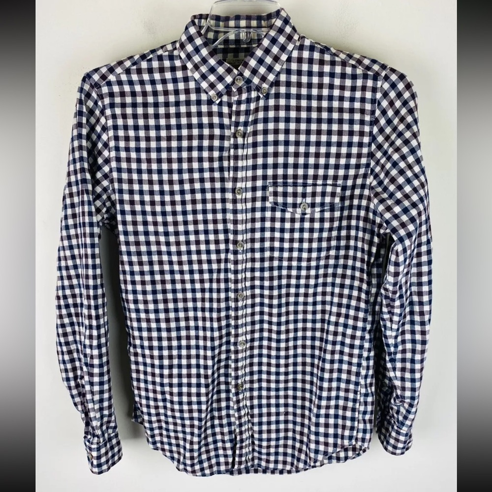 J. Crew Shirt Mens Small Red White Blue Gingham Button Down Check Plaid Knit